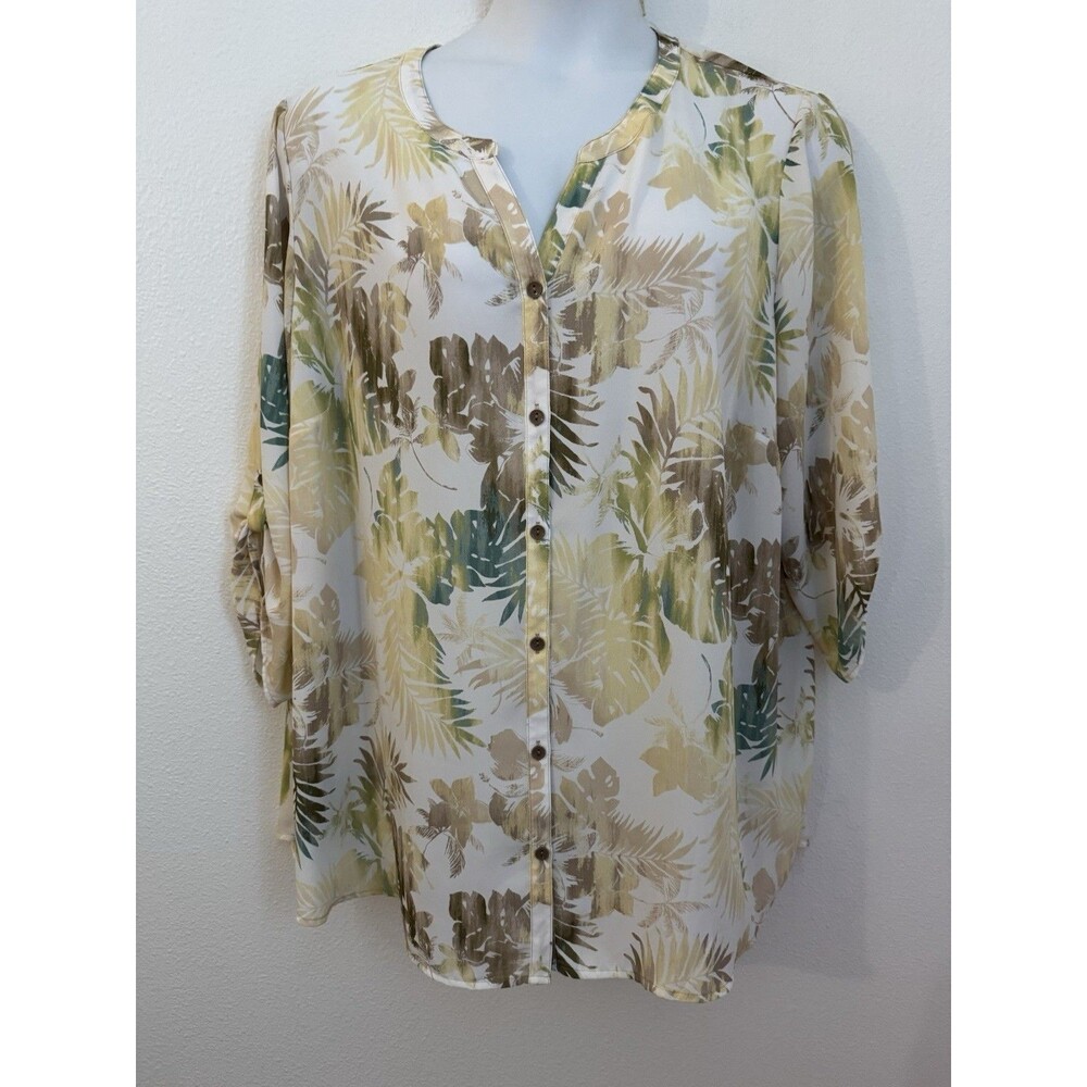 Catherines Tunic Blouse Top Womens 2X Roll-Tab Floral Colorful Sheer Spring EUC
